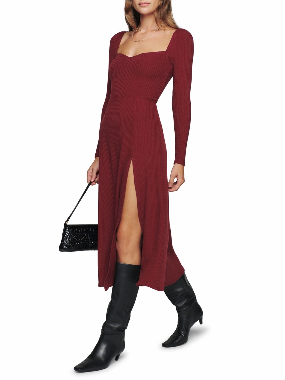 Reformation Banks Long Sleeve Sweater Knit Midi Dress Chianti Large NWT